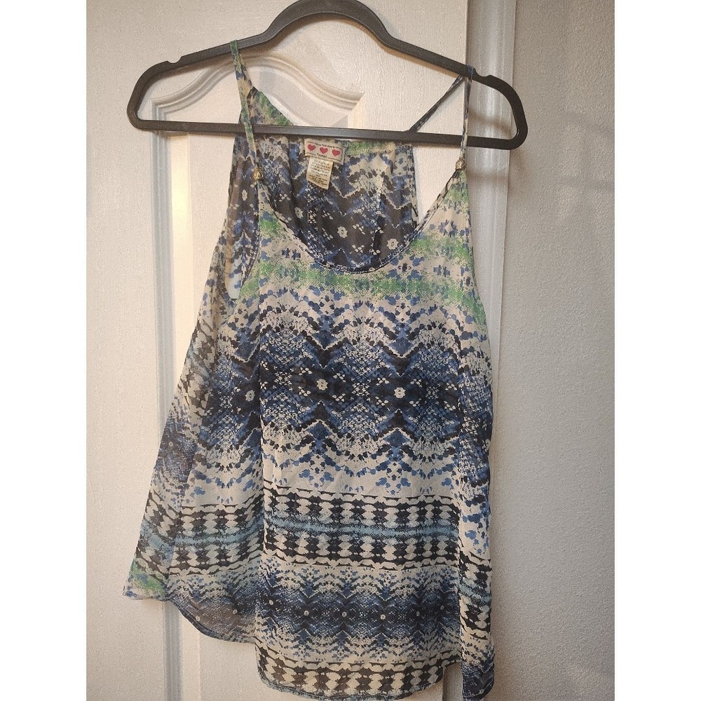 Three Pink Hearts Trixxi Blue Green Tribal Print Chiffon Cami Tank Top‎ Large